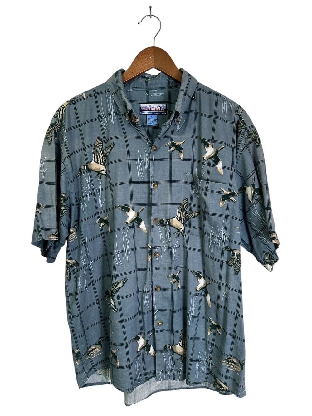 Summa Men’s L Blue Plaid Pattern Flying Ducks Short Sleeve Button Down Shirt